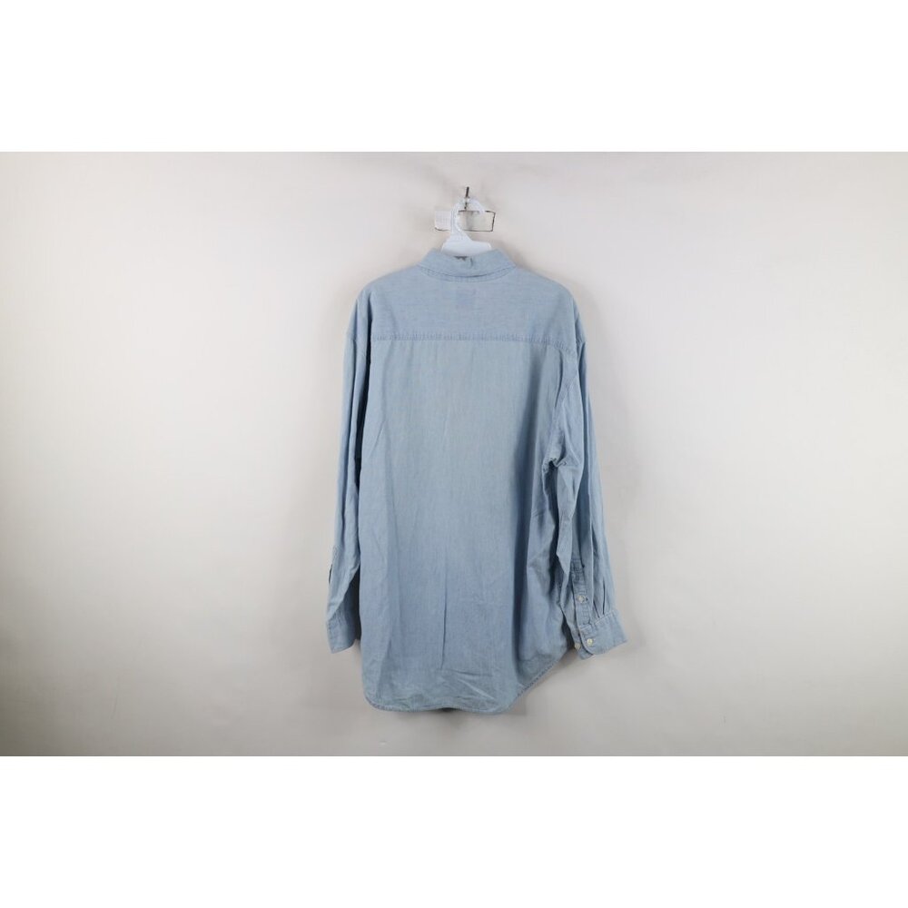 Vtg 90s Gap Mens Medium Distressed Denim Jean Collared Button Down Shirt Blue - Picture 11 of 13
